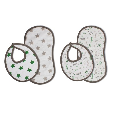 Bacati - Soccerball Green/Gray Muslin 4 pc set of Bibs & Burp Cloths Set