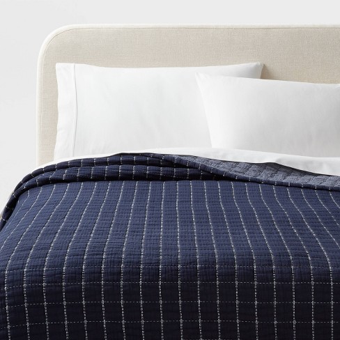 NEW King Grid Stitch Cotton Quilt Blue/Navy-Threshold designed good with Studio McGee