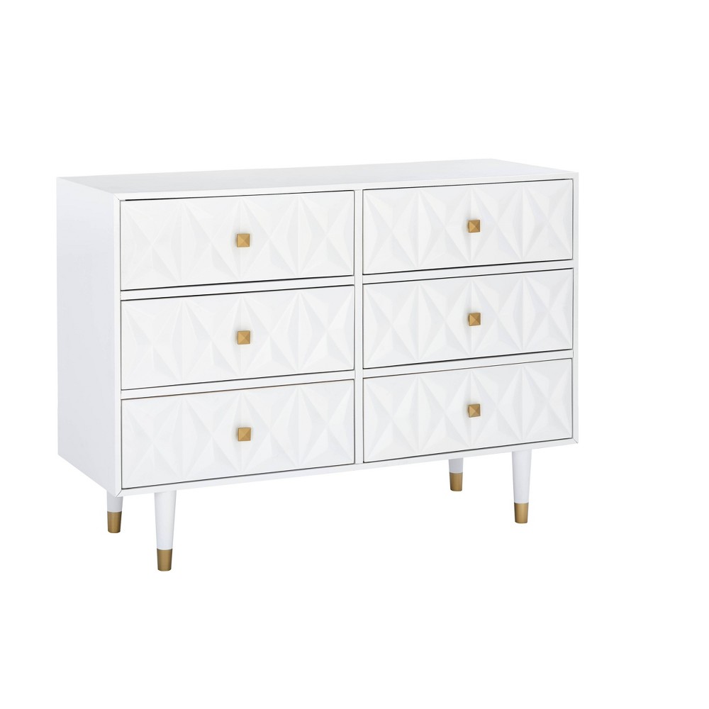 Photos - Dresser / Chests of Drawers Linon Glam 6 Drawer Geo Textured Dresser Chest White with Gold Pulls  