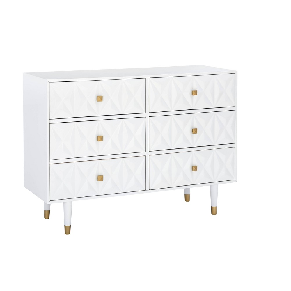 Glam 6 Drawer Geo Textured Dresser Chest White with Gold Pulls - Linon: Modern Luxury Storage for Bedroom -  54608246