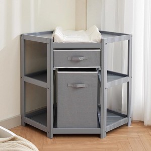 Corner Diaper Changing Table, Baby Diaper Changing Station with Storage Drawer and Laundry Hamper, Multi-Functional Changing Table Organizer - 1 of 4
