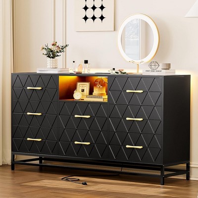 Dresser for Bedroom with 8 Deep Drawer, 59" TV Dresser Wooden Large Long Dresser with Power Outlet and LED Lights