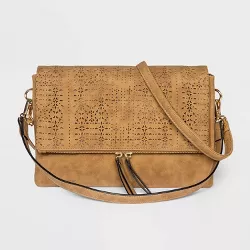 VR NYC Mosaic Design Laser Cut Fold Over Double Compartment Crossbody Bag - Brown