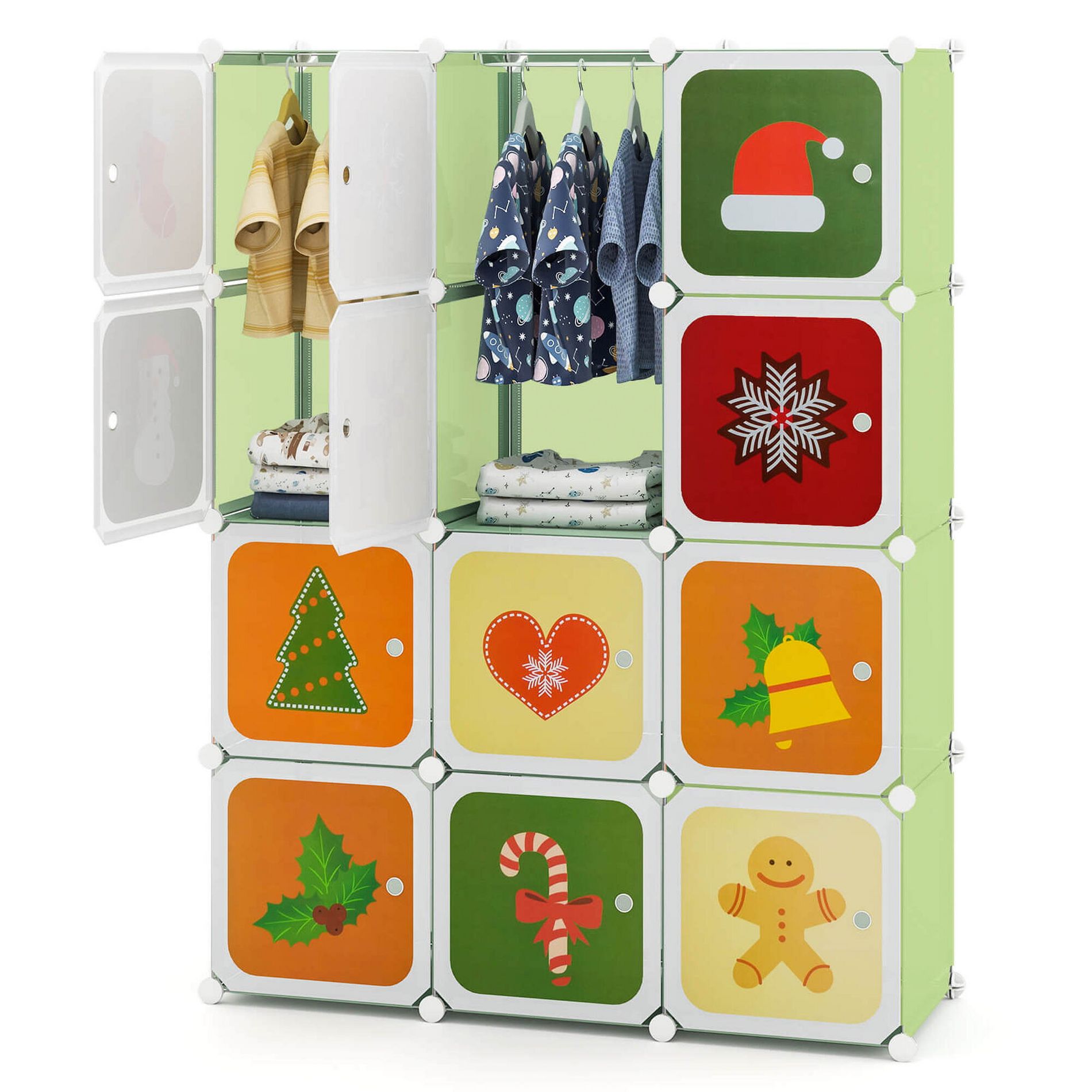 Costway 12-Cube Kids Wardrobe Baby Dresser Bedroom Armoire Clothes Hanging Closet with Doors Green
