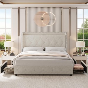 Full Storage Bed 1000LBS with 4 Drawers & Charging, Premium Linen Button-Tufted Headboard, Nail-head Trim, Metal-Wood Slat, Noise-Free Wheels - 1 of 4