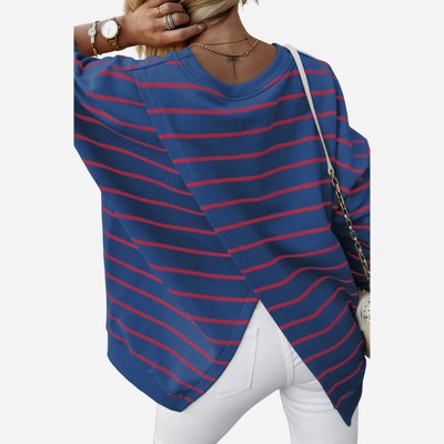 Amaryllis Women’s Blue Red Striped Long Sleeve Top Overlapping Back Detail Scoop Neckline