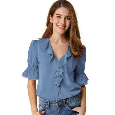 INSPIRE CHIC Women's Ruffle V Neck Puff Sleeve Summer Casual Chiffon Peasant Top