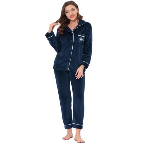 Cheibear Women's Flannel Fleece Button Down Top With Pockets Winter Pajama  Sets Blue Large : Target