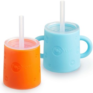 PopYum Silicone Training Cup with Straw + Lid 2-Pack for Baby, Infant and Toddler, Tumbler, Sippy, handles, 5 ounce (blue, orange) - 1 of 4