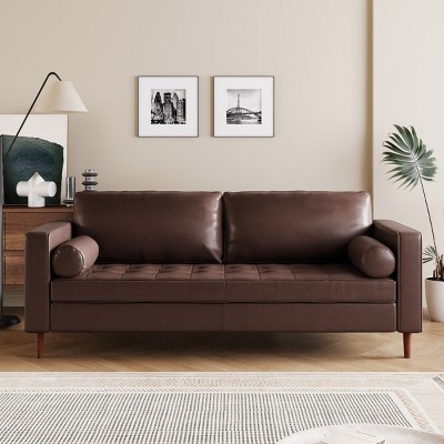 Vintage PU Leather Sofa with Tufted Seat, Solid Wood Legs and Bolster Pillows for Living Room or Home Office-Maison Boucle