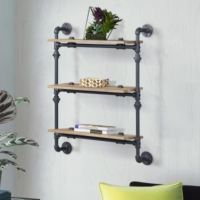 INFURNIC Decorative Wall Shelf Industrial 3-Tier Water Pipe Frame for Display and Storage Stylish Space-Saving, Black, 28.5"*9.5"*35.5"