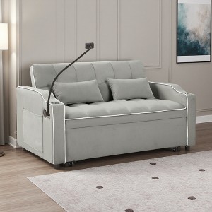 54" Velvet Foldable Adjustable Back Sofa Bed with USB & Phone Stand - 1 of 4