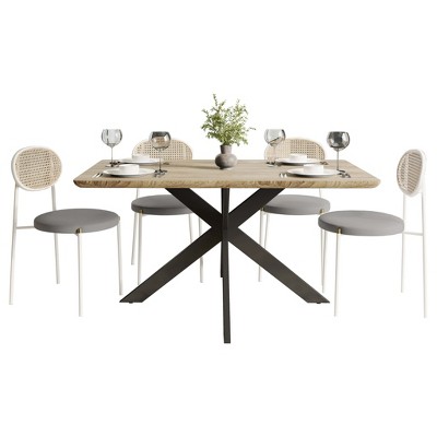 LeisureMod Ravenna 5-Piece Dining Set - 63" Rectangular MDF Top Dining Table in Maple & 4 Velvet Dining Chairs in White Steel Legs