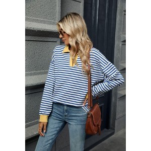 Women's Striped Color-Block Collar Long-Sleeve Casual Tee Sweatshirt Fall & Winter In-Stock Top for Daily Outings, Coffee Runs - 1 of 2