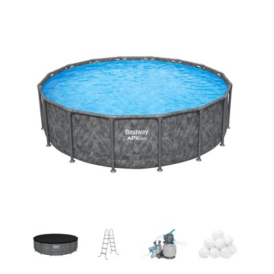 Bestway APX 365 16' x 48" Round Above Ground Swimming Pool Outdoor Backyard Framed Pool Set with Sand Filter Pump, Ladder, and Cover, Dark Marble