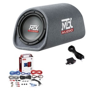 MTX AUDIO RT8PT 8" 240W Car Subwoofer Enclosure Amplified Tube Box Vented with BOSS Audio Systems KIT2 8 Gauge Car Amplifier Installation Wiring Kit - 1 of 4