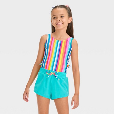 Cat & Jack Girls' Playa Striped One Piece Swimsuit Set - Cat & Jack™ XS: Solid Multi-Stripe, Knot Detail, Swimwear Set