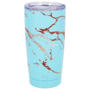 Elanze Designs 20 oz Stainless Steel On the Go Insulated Travel Tumbler With Push Top Lid, Berry Red Marble Print Sky Blue - 1 of 4