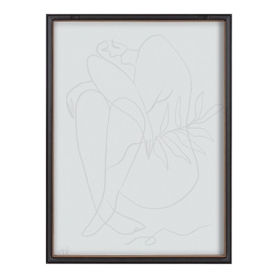 Modern Black Line Drawing on White Canvas with Brown Frame