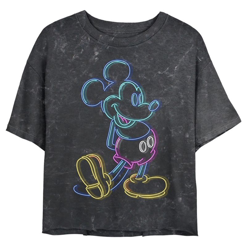 Juniors Womens Mickey & Friends Bright Neon Mickey Mouse Outline Mineral Wash Crop T-Shirt, 1 of 5