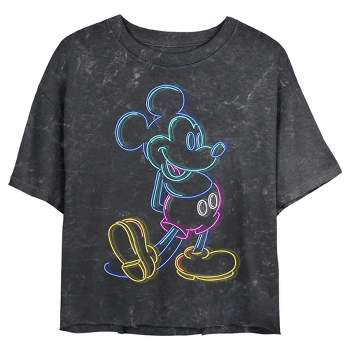 Juniors Womens Mickey & Friends Bright Neon Mickey Mouse Outline Mineral Wash Crop T-Shirt