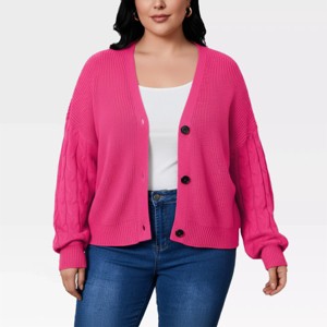 Womens Plus Size Cardigan Long Sleeve Cable Knit Sweater Front Button Down Rib Knitted Sweaters Above Hip Knit Shrugs Fall Cardigans - 1 of 4