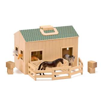 Melissa & Doug Fold and Go Wooden Horse Stable Dollhouse With Handle and Toy Horses (11 pc)