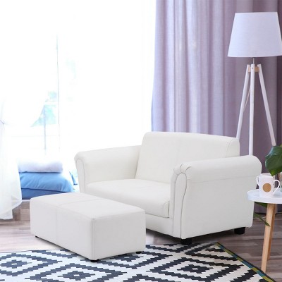 White Faux Leather Kids Armchair with Ottoman and Wood Frame