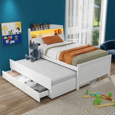 NicBex Twin Size Platform Bed Modern Wooden Bed Frame with Storage Headboard, 3 Drawers and LED Light for Bedroom, No Box Spring Required