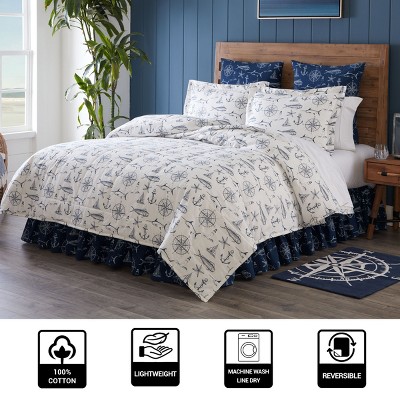 Nautical White and Navy Cotton Twin Bedspread Set