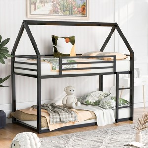 RISOKEYS Twin Over Twin Bunk Bed - Low Bunk Bed Metal Bunk Beds with Ladder and Full-Length Guardrail for Girl & Boy, No Box Spring Needed - Black - 1 of 4