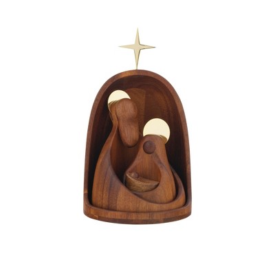 Nambe Nested Nativity Set, Holy Family Baby Figurine Scene with Star of Bethlehem - Acacia Wood - Holiday Table Centerpiece