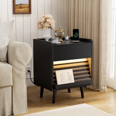 WOWLIVE Wooden Nightstand with 2 Drawers, Modern Bedside Table with Outlets & LED Lights, File Cabinet
