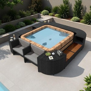 Outdoor Patio Rattan Spa Surround Frame Sofa Set with Storage Spaces and Wooden Bench - 1 of 4