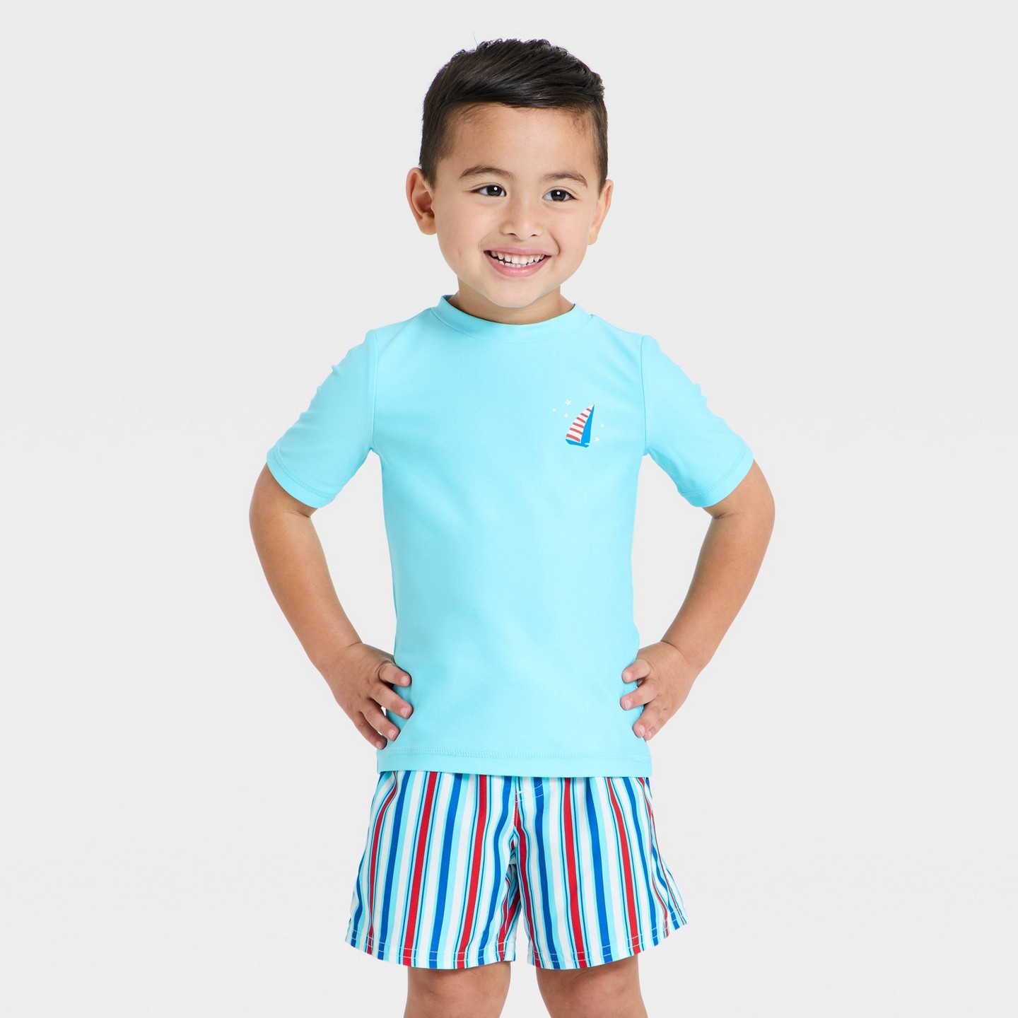 Детские купальники Cat & Jack Toddler Boys' Long Sleeve Rash Guard and Trunk Set, цвет: Светлый синий — фото 3