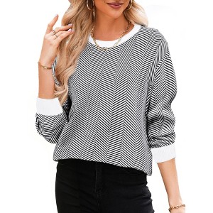 INSPIRE CHIC Women's Crew Neck Contrast Long Lantern Sleeve Casual Tops - 1 of 4