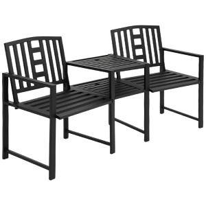 Outsunny Metal Garden Bench with Middle Table and Umbrella Hole, 2-in-1 Double Patio Chairs, Outdoor 2-person Tete-a-Tete, Slatted, Black - 1 of 4