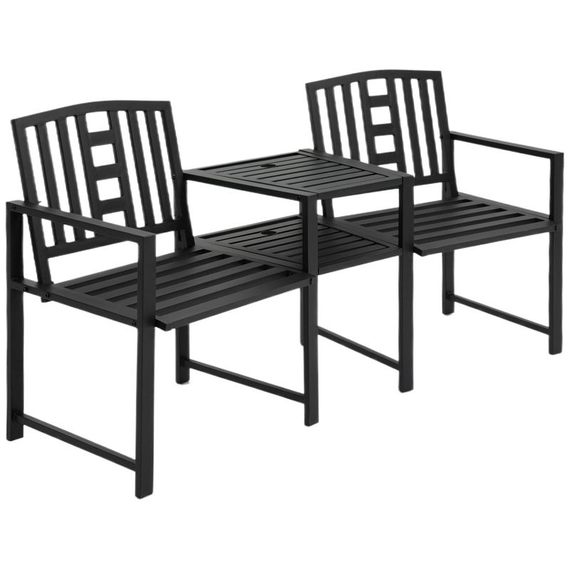 Outsunny Metal Garden Bench with Middle Table and Umbrella Hole, 2-in-1 Double Patio Chairs, Outdoor 2-person Tete-a-Tete, Slatted, Black, 1 of 12