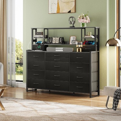 GALAXHERO 15 Fabric Drawers & 5 Open Shelves with Charging Station, Tall Storage Tower for Living Room, Hallway & Office