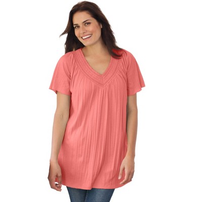 Woman Within Women's Plus Size Short-Sleeve V-Neck Crinkle Tunic