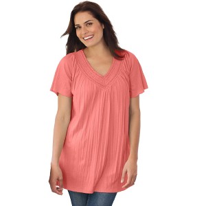 Woman Within Plus Size Short-Sleeve V-Neck Crinkle Tunic - 1 of 4