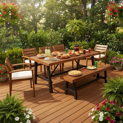 Whisen Outdoor Wood Dining Set, Outdoor Dining Furniture With Removable Cushions, 5 Arm Chairs and 1 Bench - Natural
