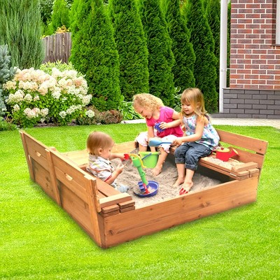 Natural Cedar Wood Sandbox with Convertible Benches