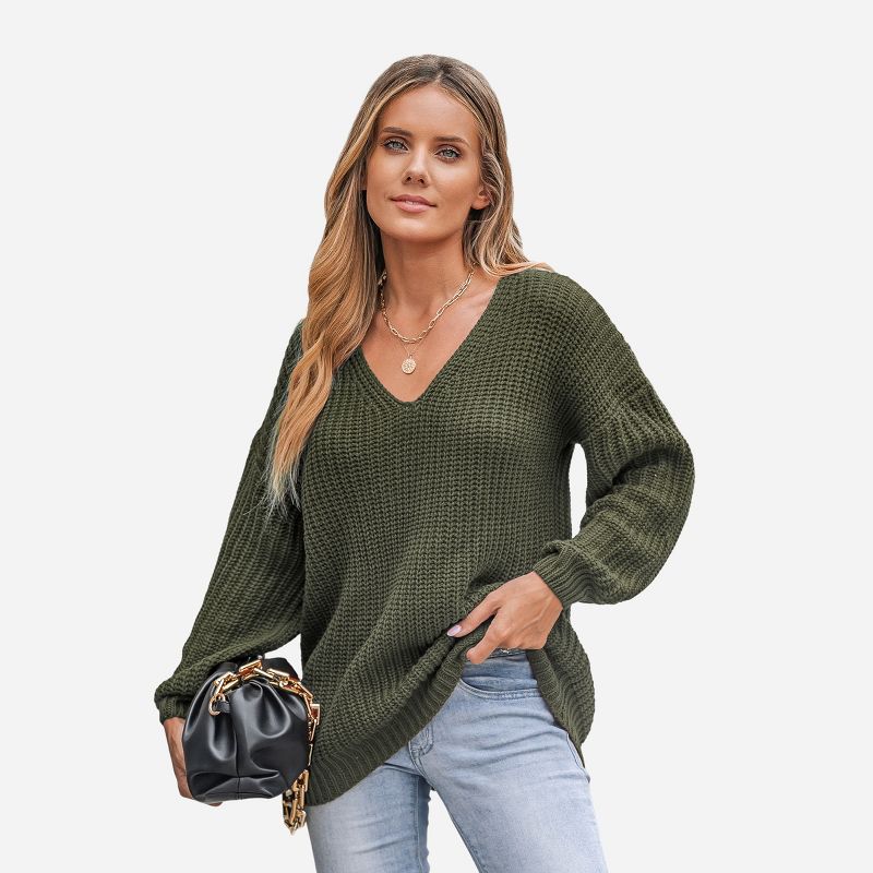Women's V-Neck Chunky Knit Long Sleeve Sweater - Cupshe, 1 of 7