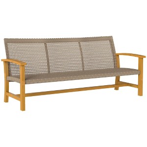 Outsunny 3-Seat Wicker Outdoor Couch Patio Sofa, 1000 lbs. Capacity, Acacia Wood Patio Furniture with Steel Seat Armrests for Backyard, Porch, Teak - 1 of 4