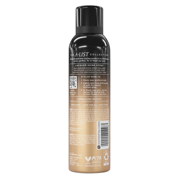 A black and gold colored hairspray can with text detailing usage instructions and ingredients.