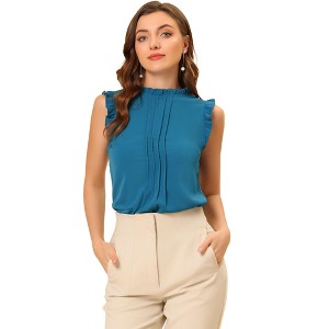 INSPIRE CHIC Women's Ruffled Curved Hem Business Office Vintage Sleeveless Blouse - 1 of 4