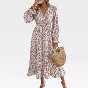 Womens Fall Dress Ruffled High Rise Surplice Dress Long Sleeve Dress with Stretchy Shirred Waist Lantern Sleeve Floral Dress Prairie Dress - 1 of 4