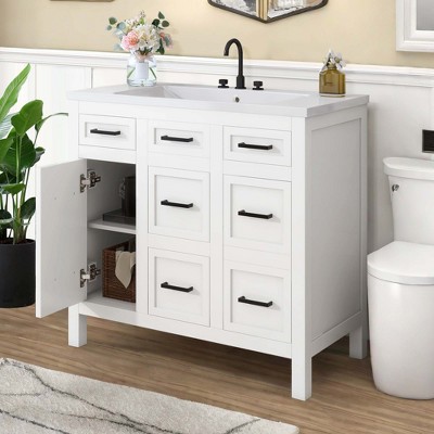 NicBex Bathroom Vanity with Resin Sink, 2 Spacious Cabinet Doors with 2 Double-tier Shelves and 4 Drawers for Bathroom, White