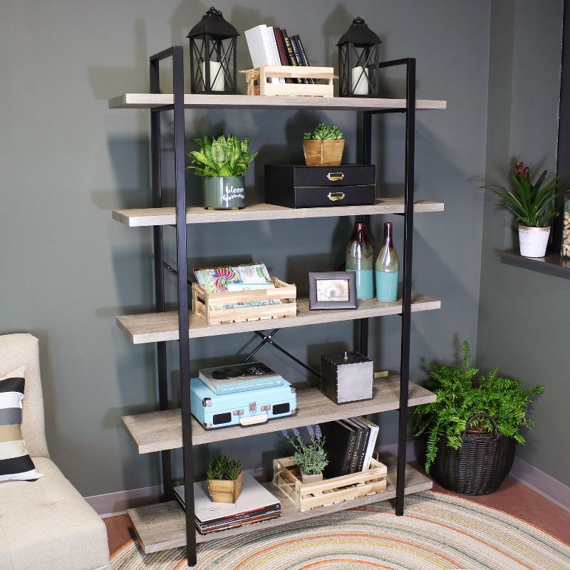 Sunnydaze 5 Shelf Industrial Style Freestanding Etagere Bookshelf with Wood Veneer Shelves, 5 of 8